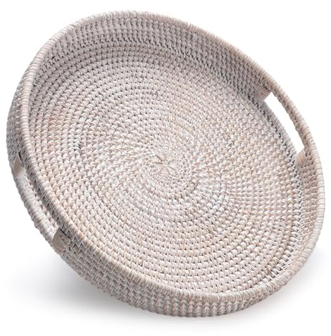 13.8 inch Round Rattan Tray, Decorative Coffee Table Tray, Ottoman Tray, Woven Serving Tray with Handles, Wicker Serving Basket, Whitewash