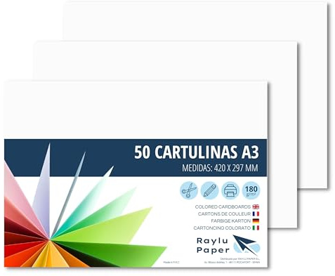 Raylu Paper – Papier Cartonné A3 Coloré, 50 Feuilles Cartonnées, Papier Epais de Couleur, pour l’Ecole, le Bureau, le Scrapbooking, les Activités Manuelles, 297 x 420 mm 180g/m² (Blanc)