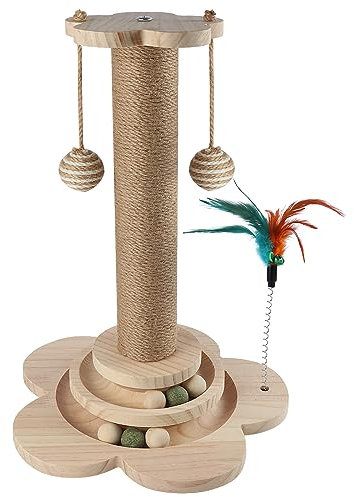 Vefhby 4 in 1 Katzenspielzeug Selbstbeschäftigung, Katze Sisal Seil Kratzbaum mit Hängenden Bällen, Kitten Spielzeug Katzenspielzeug Interaktives Katzen Spielzeug mit Federn