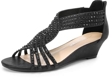 DREAM PAIRS Sandali da donna con zeppe basse a punta aperta, con strass scintillanti, con cerniera, eleganti scarpe estive eleganti per donna, nero, 38 EU