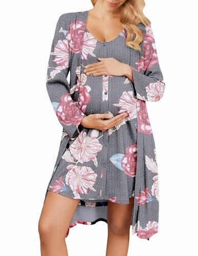 Ekouaer Maternity Nursing Gown and Robe Set 2 Piece Waffle Breastfeeding Nightgown 3 in 1 Labor and Delivery Hospital Gown