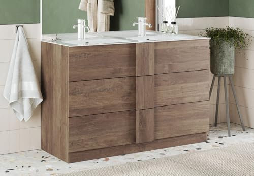 Mobile per Bagno a Terra Design Moderno Composto da Doppio Lavabo in Ceramica e 3 Pratici Cassetti Complemento d’Arredo Bagno 120x85 cm Marrone MBL6