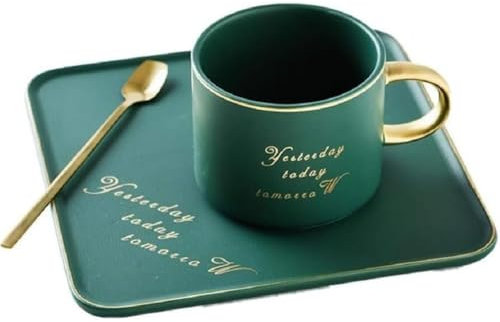 Huiyiwert Taza de café de porcelana con platillo y cuchara, 200 ml, juego de tazas de capuchino con plato, juego de café con leche, espresso, moca (verde)