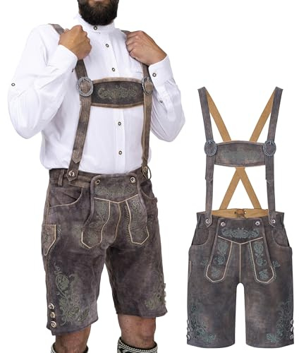 Schöneberger Trachten Couture Korta lederhosen för män med hängslen, traditionella bayerska byxor för Oktoberfest av originalnubuckläder, BRUN, 50