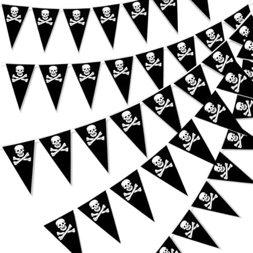 GGUFAY 2 piezas de 7 metros Banderines de Halloween, Jolly Roger Banner, Banderines de Pirata con Calavera, Banderines Triangulares para Halloween, Fiesta Pirata y Decoración al Aire Libre