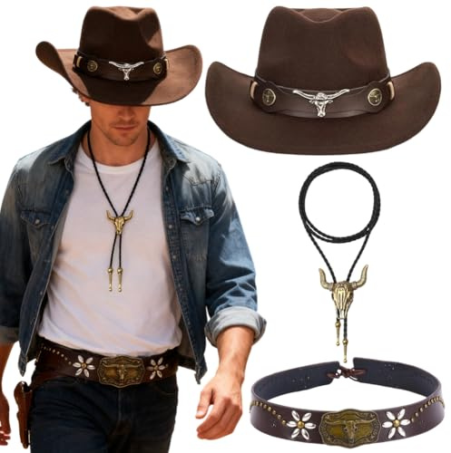 JhavexToy Cappello da Cowboy per Adulti Cravatte da Cowboy in Pelle Fasce Per Cappelli in Pelle,Costumi di Carnevale，Stile Cowboy Occidentale，Carnevale e Feste a Tema (3)