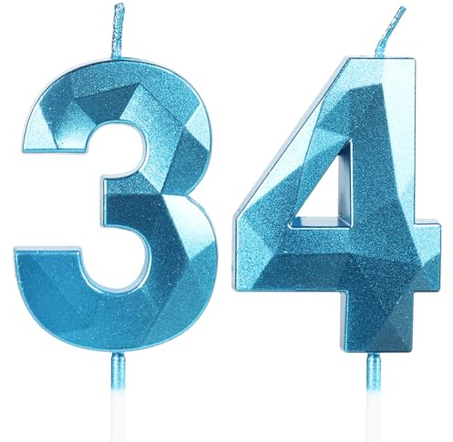 Yiran Sky Blue 34th Birthday Candles, Number 34 Happy Birthday Candles, Blue Cake Topper Decorations for Birthday Party, Wedding Anniversary Celebration Supply for Men Women（Age 34）