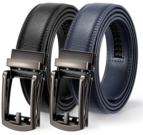 WERFORU Cintura automatica in pelle da uomo, 2 pezzi, per il tempo libero, cintura a cricchetto da uomo, con fibbia automatica, F-nero+blu notte, 130cm/für Taillengröße 90-110cm