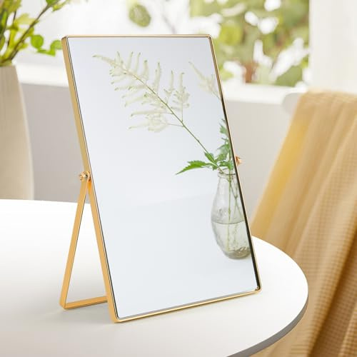 Clickinline Miroir de bureau pour coiffeuse, cadre en métal, miroir de maquillage de bureau, miroir de table pivotant unilatéral, miroir de comptoir haute définition avec support (doré + rectangle)
