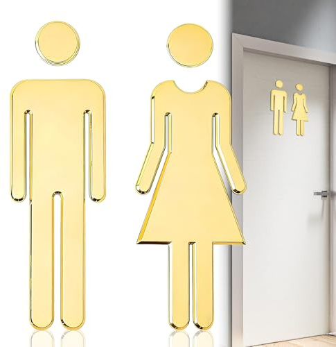 1 Pair Toilet Sign, Gold Acrylic Mirror Restroom Door Signs for Bathroom | Adhesive WC Door Signs for Hotels Restaurants, Shopping Malls Bars and Public Restrooms Decoration