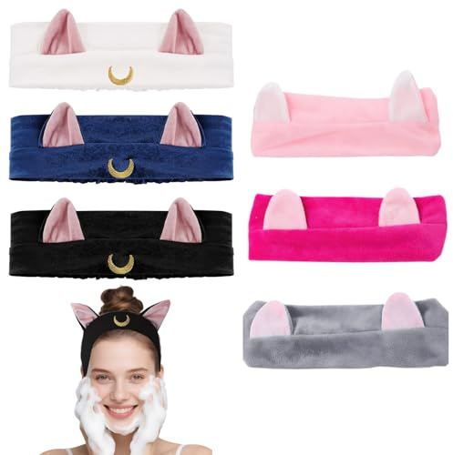 Lot de 6 bandeaux cosmétiques avec oreilles de chat - Bandeau élastique pour le démaquillage - Convient pour les filles et les femmes pour le yoga, le sport, les soins de la peau et le bain