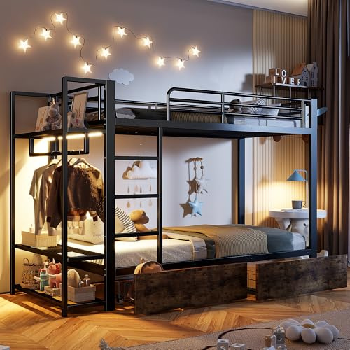 Huayz Cama alta para niños, 90 x 200 cm, litera con 2 cajones y varios estantes, con barra de luz LED y barra para colgar, marco de hierro, protección anticaídas, sin colchón (negro, 90 x 200 cm)