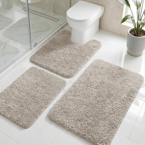 LUSCHEER Bathroom Mat Sets 3 Piece, Microfibre Shaggy Bath Rug Camel | Ultra Soft Plush Pile, Non-Slip Backing, Water Absorbent Toilet Mat, Machine Washable Shower Rug for Bathroom Floor