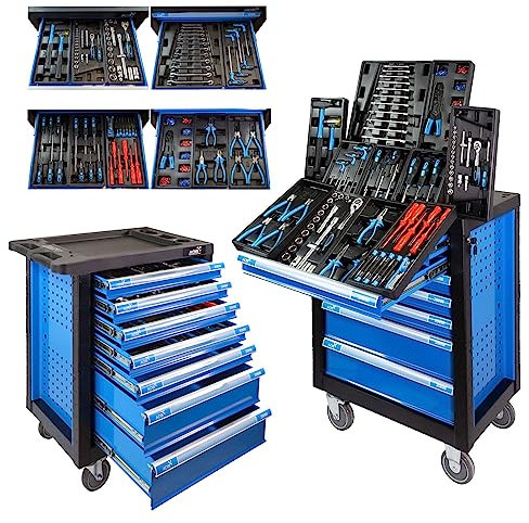 ADB Raptor - Carro de herramientas con ruedas (7 cajones, equipado con herramientas, 262 piezas), color azul