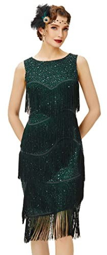 BABEYOND 1920s Flapper Dress Gatsby Fringed Dress Roaring 20s Dark Green