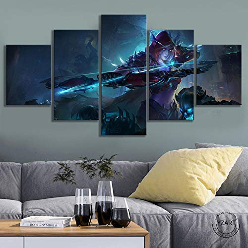 VENDISART,Leinwanddrucke,Modulare Wandkunst Wandaufkleber,5 Teiliges Wandbild,Sylvanas Windrunner World of Warcraft-Videospiele,Mit Rahmen,Größe:M/B=150Cm,H=80Cm