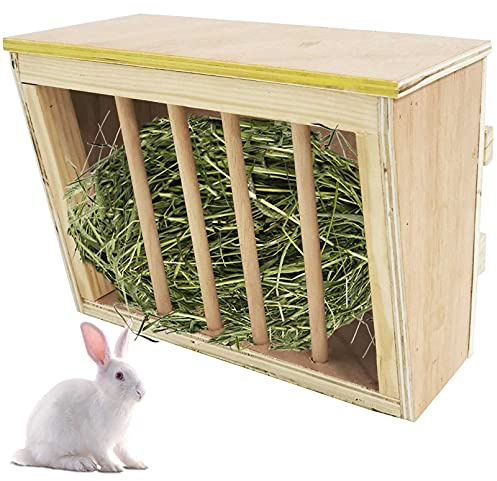kathson Rabbit Hay Feeder Rack Wooden Food Feeding Manger Bunny Grass Holder Small Animals Less Wasted Food Dispenser for Rabbits Guinea Pig Chinchilla Hamster
