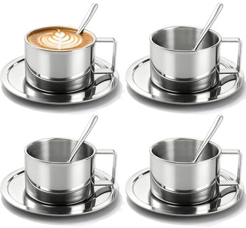 ZENFUN Set di 4 tazze da caffè da 192,8 g, in acciaio inox 18/8, con piattino e cucchiaio, graziose tazze da caffè con manico, tazze per latte, cappuccino, latte, tè