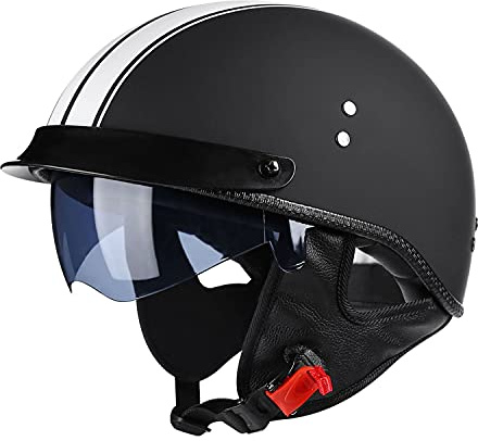 Halbschalenhelm Mit ECE Zulassungiber Brain-Cap Halbschale Jethelm Rollerhelm Scooter-Helm Retro Half Helm mit Built-in Visier für Cruiser Chopper Biker Moped DOT/ECE-Zulassung B,L=59-60CM