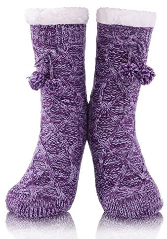 FUSACONY Calze Morbide da Donna, con Pom Pom con Gommini, Calzini Antiscivolo Donna Invernali, Morbide Calze Natalizie 35-42 (Viola)