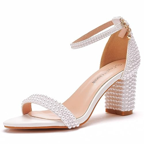 2.95'' Full Pearls Block Heels Sandals Peep Toe Rhinestone Women's Chunky Heel Pump Shoes For Bride Wedding Party Evening Dress Shoes C07ALWP-40