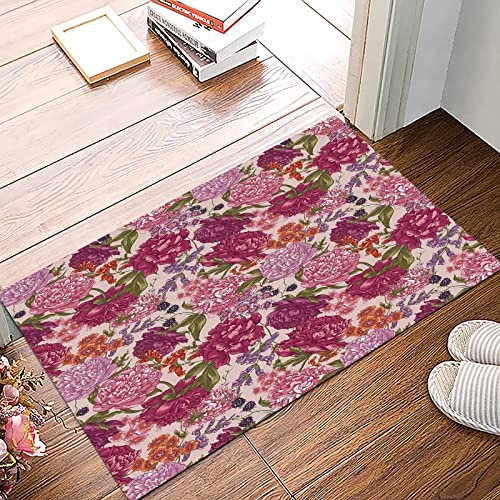 Badematte 50x80cm, Rutschfeste Badteppich, Shabby Chic Dekor, Pfingstrosen Brombeere und Wildblumen im Vintage-Stil bunte,Mikrofaser Badvorleger mit, Wasserabsorbierende Weiche teppiche für Badezimmer