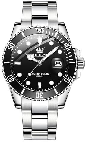 OLEVS Herren-Armbanduhr, großes Zifferblatt, Gold, Silber, Edelstahlband, Quarzuhr für Herren, klassisch, wasserdicht, Herren-Armbanduhr, Schwarzes Zifferblatt/silberfarbenes Band, Rund