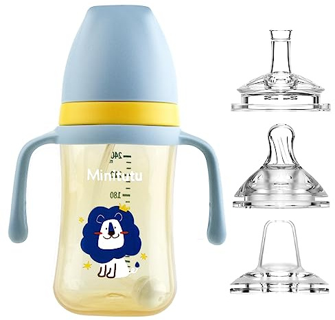 3 in 1 Baby Cups & Sippy Cup with Straw and a Spout 240ML, Toddler Drinks Water Bottles Trainer Cup with Handles for Babies 6 12 Months(One Cup with 3 Nipples) (Blue)