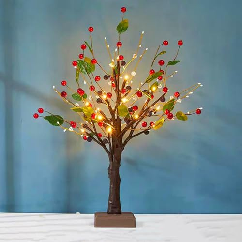 Artificial Christmas Light up Tree Tabletop Mini Xmas Tree with LED Lights,Battery Powered Christmas Indoor Glow Decorations with Red Berry and Green Leaves, Novelty Night Lamp Party Gifts,21.6Inch