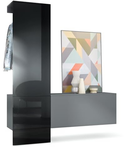 Vladon Carlton Hallway Set 4, Hallway Storage Set with 1 Coat Rack Panel, 1 Cabinet, anthracite matt/black high gloss (156,5 x 193 x 35 cm)