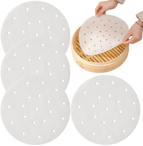 MenYiYDS 100 st 24 cm runt bakpapper, ångpapper, luftfritös bakpapper, non-stick perforerat pergamentpapper, ångbakningspapper (9,5 tum, vit)
