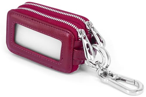 Guolich Portachiavi Per Uomo e Donna,Portachiavi Auto,Porta Chiavi,in Vera Pelle, 2 Tasche con Cerniera e Ganci, con Finestra Trasparente (Borgogna)