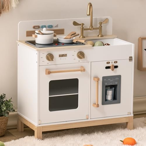 Robotime Cucina per bambini in legno, per bambine e bambini dai 3 anni in su, set di cucina con luci e suoni, piano cottura, macchina per cubetti di ghiaccio e posate, regalo per bambini da 3 a 8 anni