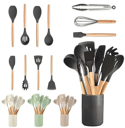 JUPPLIES Juego de Utensilios de Cocina de Silicona 12 Piezas con Mangos de Madera y Soporte Organizador – Set Antiadherente Resistente al Calor – Apto para Todas Las Ollas y Sartenes - Negro