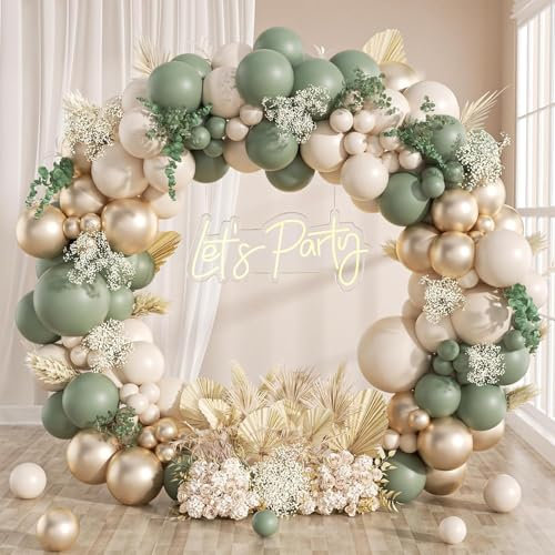 Kit Arco Palloncini Verde Salvia, 104Pcs Palloncini Compleanno Verdi Con Verde Avocado, Oro Champagne e Bianco Palloncini Per Compleanno, Baby Shower, Battesimo Bambino, Addobbi Matrimonio