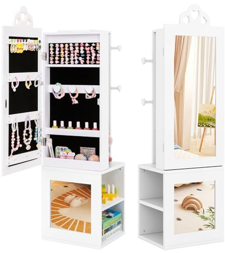 RELAX4LIFE 4 in 1 Armadietto Portagioie per Bambini, Specchio da Terra con Ripiani di Stoccaggio e Appendiabiti, Ideale per Cameretta, 34 x 30 x 117 cm (BIANCO)