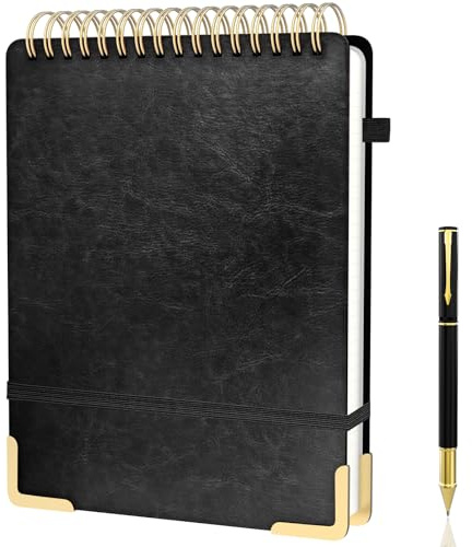 Mousbull A4 Top Spiral Notebook, Large Leather Hardcover Top Bound Steno Pads, 240 Pages 100 gsm Thick Lined Paper Left Handed Notebook Journal for Work, School, Meeting Writing - Black, 8.5 x 11