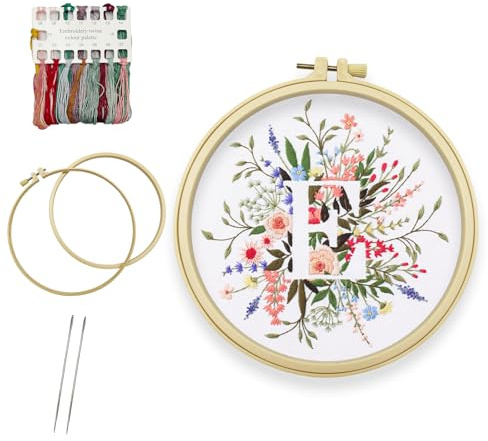 Bliceon Beginner Flower Embroidery Kit - Letter E Stamped Cross Stitch Starter Set with Embroidery Hoop, Needles and Threads for Adults - Craft Kit for Embroidery Lovers