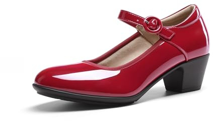 DREAM PAIRS Mary Jane-skor kvinnor låga tjocka klackar stängd tå pumps bekväma arbete affärer finskor, Röd, 37.5 EU