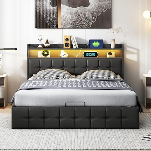 Sängram 160 x 200 cm, klädselsäng, dubbelsäng, sängsystem, förvaringsgavel med LED och USB-laddningsfunktion, modern klädselsäng med förvaringsutrymme, svart läder, utan madrass