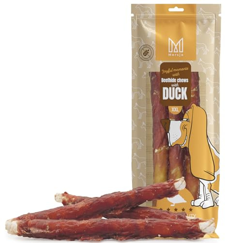 MERSJO Leckerlis XXL Beefhide - Bastoncini da masticare con petto d'anatra, 240 g, 24 – 25 cm, per cani di taglia media e grande