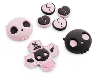 GeekShare Set di tappi per tasti con teschio, pulsanti ABXY in silicone per joystick, coperture per tasti compatibili con Switch 2, rosa e nero