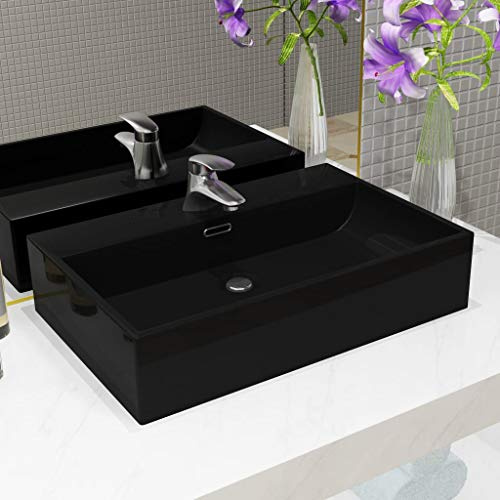 Lavabo with Céramique Émaillée, Design Moderne, Vasque à Poser Salle de Bain, Lavabo Salle de Bain, Meuble Vasque Salle de Bain, Noir, 60.5 x 42.5 x 14.5 cm