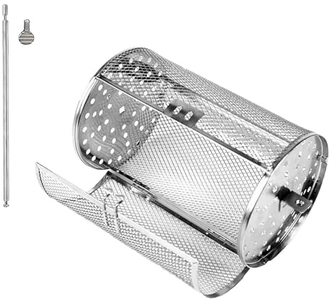 Rolling Grill Baskets, Stainless Steel Cage, Fryer Mesh Drum, French Fry Roaster, Round Rotating Cooking Basket for Outdoor, Kitchen, Fish, Vegetables, Coffee, Camping, 5.51x9.06 Inches