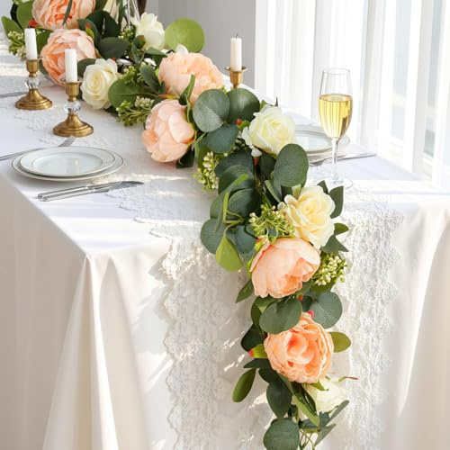 Lewondr Ghirlanda di Eucalipto Artificiale con Fiori - 4 Rose 4 Peonie, 1,8M Ghirlande Fiorite Finte, Rampicanti Fiori Artificiali, Senza Manutenzione per Tavolo Matrimonio,Sala Feste, Champagne Misto
