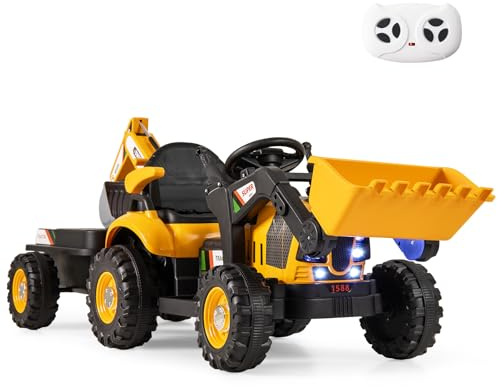 COSTWAY Ride on Tractor and Trailer, 12V Electric Construction Toy Car with Adjustable Seat, Shovel Bucket, Digger, LED Lights & Music, for Children Ages 3+ (Yellow)