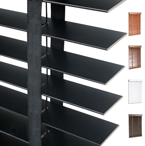 Faux Wood Venetian Blinds, 50mm Slats Wooden Blinds for Indoor Windows, Blackout Horizontal Window Shades, 30cm 40cm 60cm 80cm 90cm 100cm 120cm 150cm 160cm 180cm Privacy Blind(Black A)