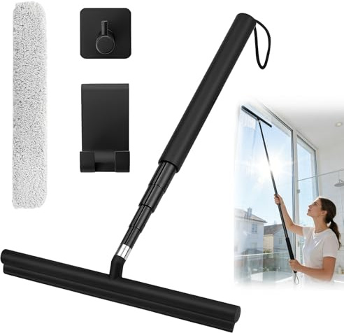 Rasqueta Limpiacristales Ducha Retráctil 30cm-120cm, Limpia Mamparas Ducha Cristal de Silicona Limpiacristales Telescopico con Ganchos y Paño de Microfibra para Baño, Azulejos, Espejos, Ventanas