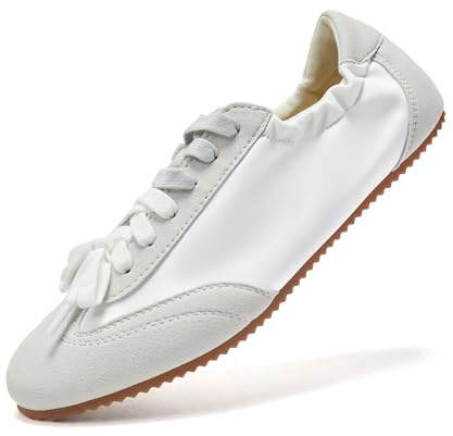 Skywind Women's Ballet Fashion Sneakers Lace up Ballet Flats Lightweight Sneakerina Comfort Ballerina Casual Walking Shoes White