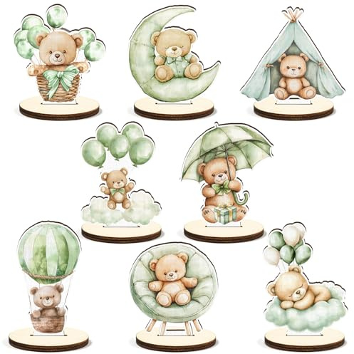 CHarmeFleur 8 Pezzi Decorazioni in Legno per Baby Shower, Verde Salvia, Orso, Topper da Tavolo con Cartello Rimovibile, per Bambino O Bambina, Decorazioni per Rivelazion